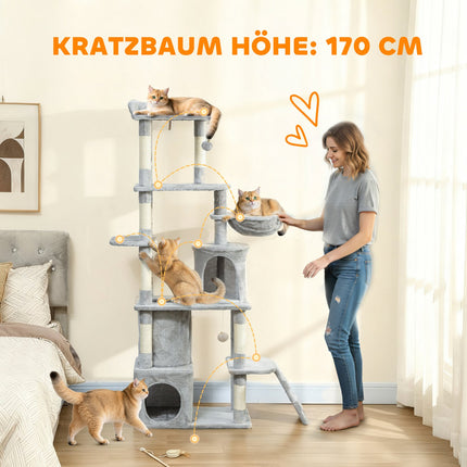 Kočičí strom s tunelem, domečky a sisalovými sloupky, 170 cm, světle šedá