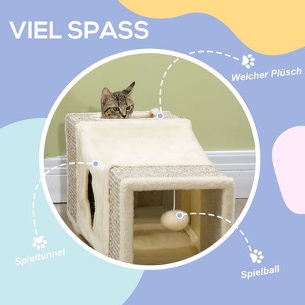 Cat tunnel toy with sisal and play ball - Brown/Beige 98cm