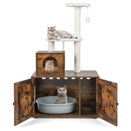 Kočičí skříňka se škrabadlem, dřevěný domek pro kočky all-in-1, 77.5 x 48.5 x 132 cm, hnědá