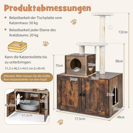 Kočičí skříňka se škrabadlem, dřevěný domek pro kočky all-in-1, 77.5 x 48.5 x 132 cm, hnědá