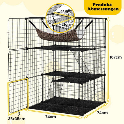 Kočičí klec, velký 3patrový výběh s houpací sítí, 2 žebříky, 3 dvířky a střešním oknem 74 x 74 x 107 cm