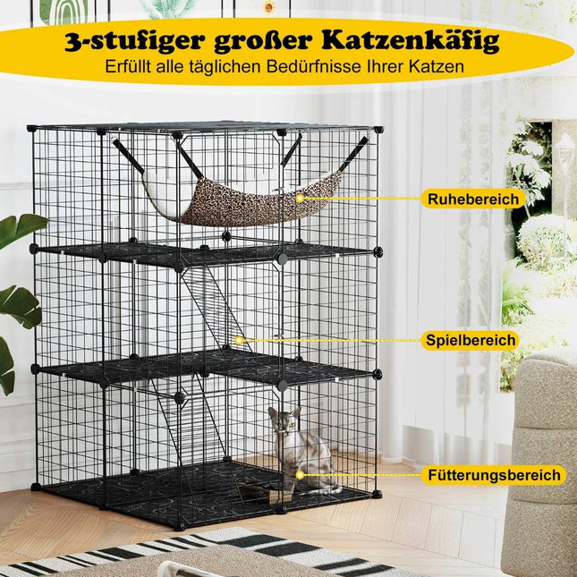 Kočičí klec, velký 3patrový výběh s houpací sítí, 2 žebříky, 3 dvířky a střešním oknem 74 x 74 x 107 cm