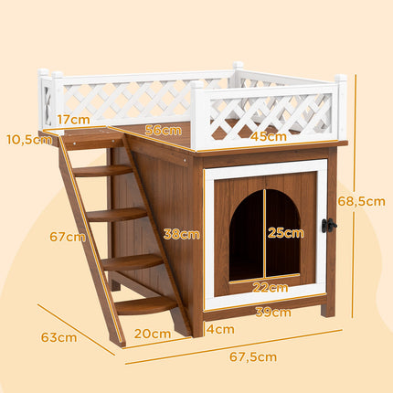 Domek pro kočky s balkonem a schody - smrkové dřevo, do 6 kg