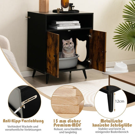 Kočičí skříňka na kočičí toaletu, domek pro kočky s dvoukřídlými dvířky a vstupem 60 x 45 x 75 cm, černá + přírodní
