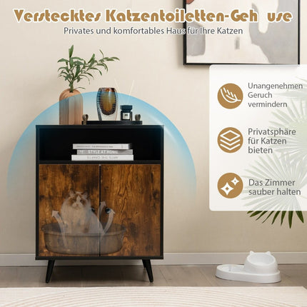 Kočičí skříňka na kočičí toaletu, domek pro kočky s dvoukřídlými dvířky a vstupem 60 x 45 x 75 cm, černá + přírodní