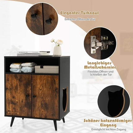Kočičí skříňka na kočičí toaletu, domek pro kočky s dvoukřídlými dvířky a vstupem 60 x 45 x 75 cm, černá + přírodní