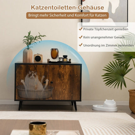 Kočičí skříňka na kočičí toaletu, domek pro kočky s dvoukřídlými dvířky a vstupem 80 x 50 x 57 cm, černá + přírodní