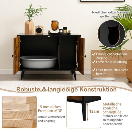 Kočičí skříňka na kočičí toaletu, domek pro kočky s dvoukřídlými dvířky a vstupem 80 x 50 x 57 cm, černá + přírodní