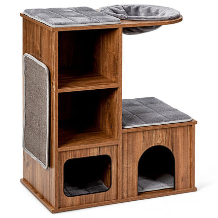 Kočičí nábytek s domečkem a podložkami, dřevěný kočičí strom a domek pro kočky 69x39x 80.5 cm