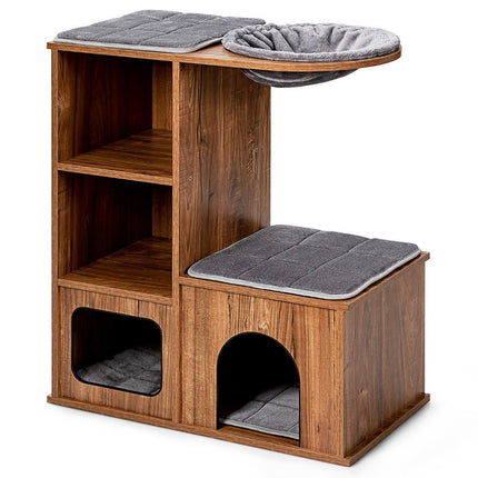 Kočičí nábytek s domečkem a podložkami, dřevěný kočičí strom a domek pro kočky 69x39x 80.5 cm