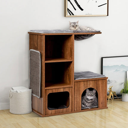 Kočičí nábytek s domečkem a podložkami, dřevěný kočičí strom a domek pro kočky 69x39x 80.5 cm