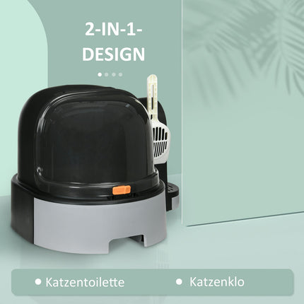 Šedý kočičí domek: toaleta s krytem a dvojitou vaničkou, do 4 kg