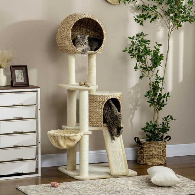 Cat scratching post with rattan house and hammock, beige
