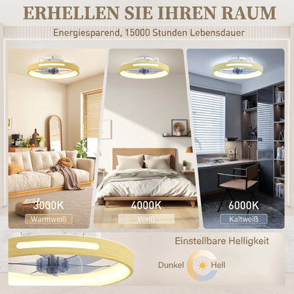 Stropní ventilátor se světlem, dálkové ovládání, 49 cm, 3 teploty světla, dřevěný dekor