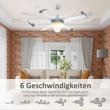 Stropní ventilátor s LED světlem a dálkovým ovládáním, 6 rychlostí, bílá