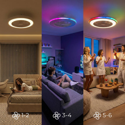 Stropní ventilátor s RGB LED světlem, dálkové ovládání, skryté lopatky