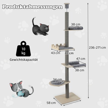 Kočičí strom až ke stropu, nastavitelný 236-271 cm, šedá