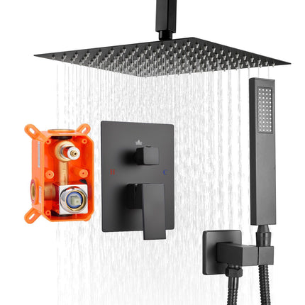 Ceiling-Mount Rain Shower System, 12 in, Handheld, Matte Black