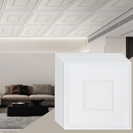 Ceiling Tiles, 24x24 In, PVC Geometric, White 12-Pack