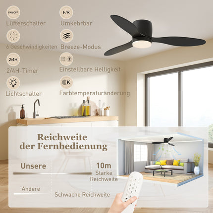 Ceiling fan with light, remote control & timer - 115 cm, 6 speeds