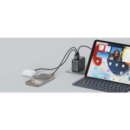 Celly 45W GaN Wall Charger with Display, PD/QC, 2x USB-C, USB-A, Black
