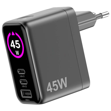Celly 45W GaN Wall Charger with Display, PD/QC, 2x USB-C, USB-A, Black