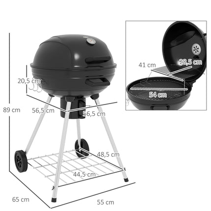 Gril na dřevěné uhlí s kolečky, policí a teploměrem