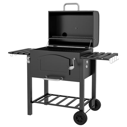 Charcoal grill with smoker, heating rack, wheels