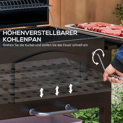 Charcoal grill with smoker, heating rack, wheels