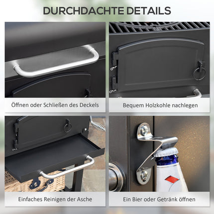 Charcoal grill with smoker, heating rack, wheels