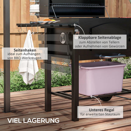 Charcoal grill with smoker, heating rack, wheels