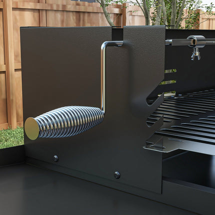 Folding stainless steel charcoal grill with rotisserie kit