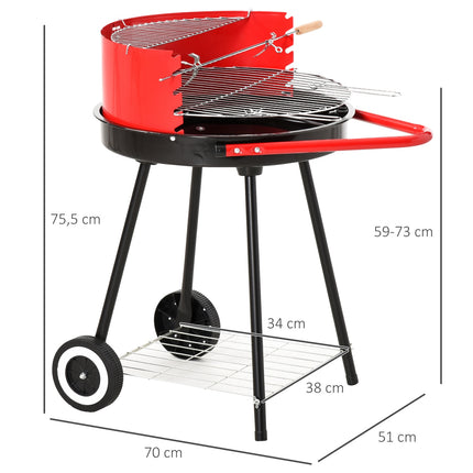 Red metal charcoal grill with wheels, 51x70x75.5cm