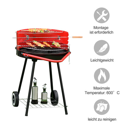 Red metal charcoal grill with wheels, 51x70x75.5cm