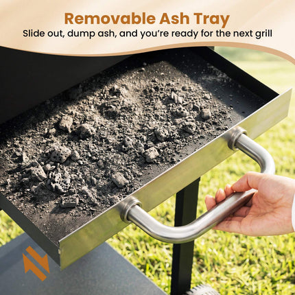 Charcoal Grill with Thermometer, Side Tables & Wheels