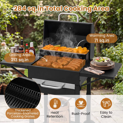 Charcoal Grill with Thermometer, Side Tables & Wheels