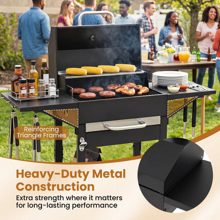 Charcoal Grill with Thermometer, Side Tables & Wheels