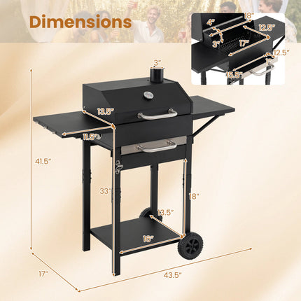 Charcoal Grill with Thermometer, Side Tables & Wheels