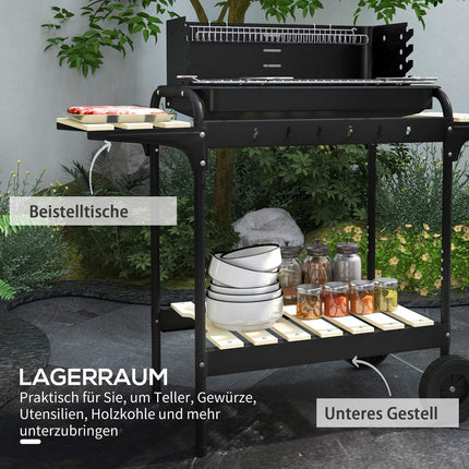 Metal charcoal grill - adjustable grid, wheels, shelf