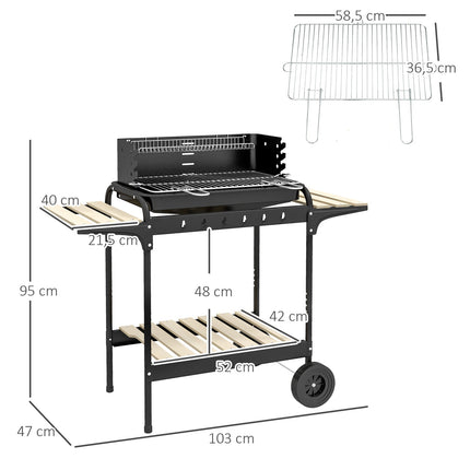 Metal charcoal grill - adjustable grid, wheels, shelf