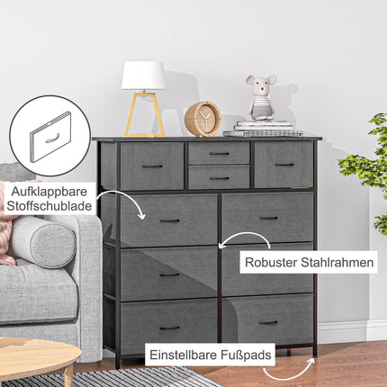 Chest of drawers, 10 fabric drawers, black steel frame