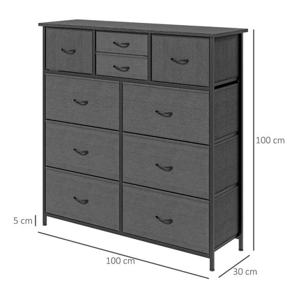 Chest of drawers, 10 fabric drawers, black steel frame