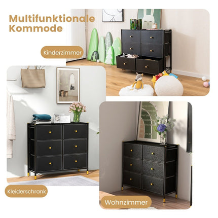 Komoda do ložnice s 6 zásuvkami, vysoká látková komoda s kovovým rámem, 89 x 30 x 76.5 cm, černá