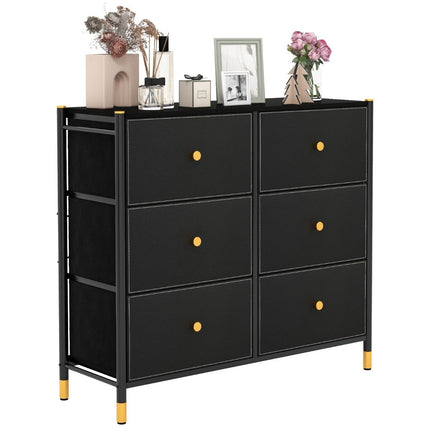 Komoda do ložnice s 6 zásuvkami, vysoká látková komoda s kovovým rámem, 89 x 30 x 76.5 cm, černá