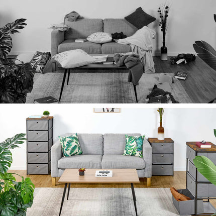 Komoda v dřevěném designu s látkovými zásuvkami
