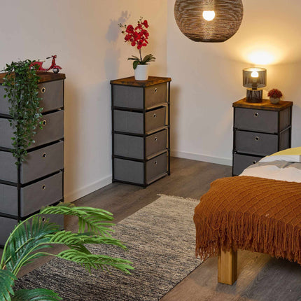 Komoda v dřevěném designu s látkovými zásuvkami