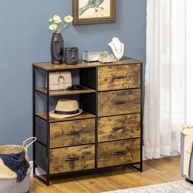 Ladekast, dressoir met 6 opvouwbare stoffen lades, 2 planken, opbergkast met industrieel design voor woonkamer, slaapkamer, rustiek bruin