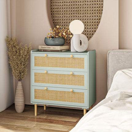 Boho ratanová komoda, skříňka se 3 zásuvkami, světle modrá