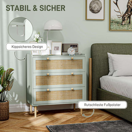 Boho ratanová komoda, skříňka se 3 zásuvkami, světle modrá