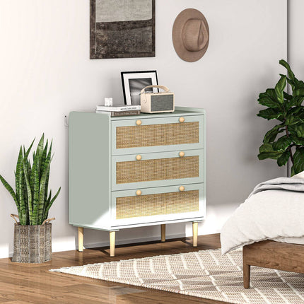 Boho ratanová komoda, skříňka se 3 zásuvkami, světle modrá